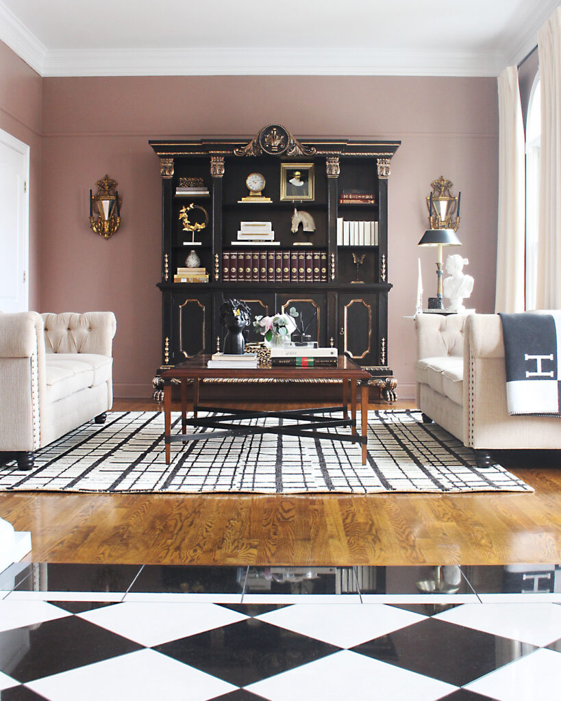 Grandmillenial Style Formal Living Room With Black And White Accents