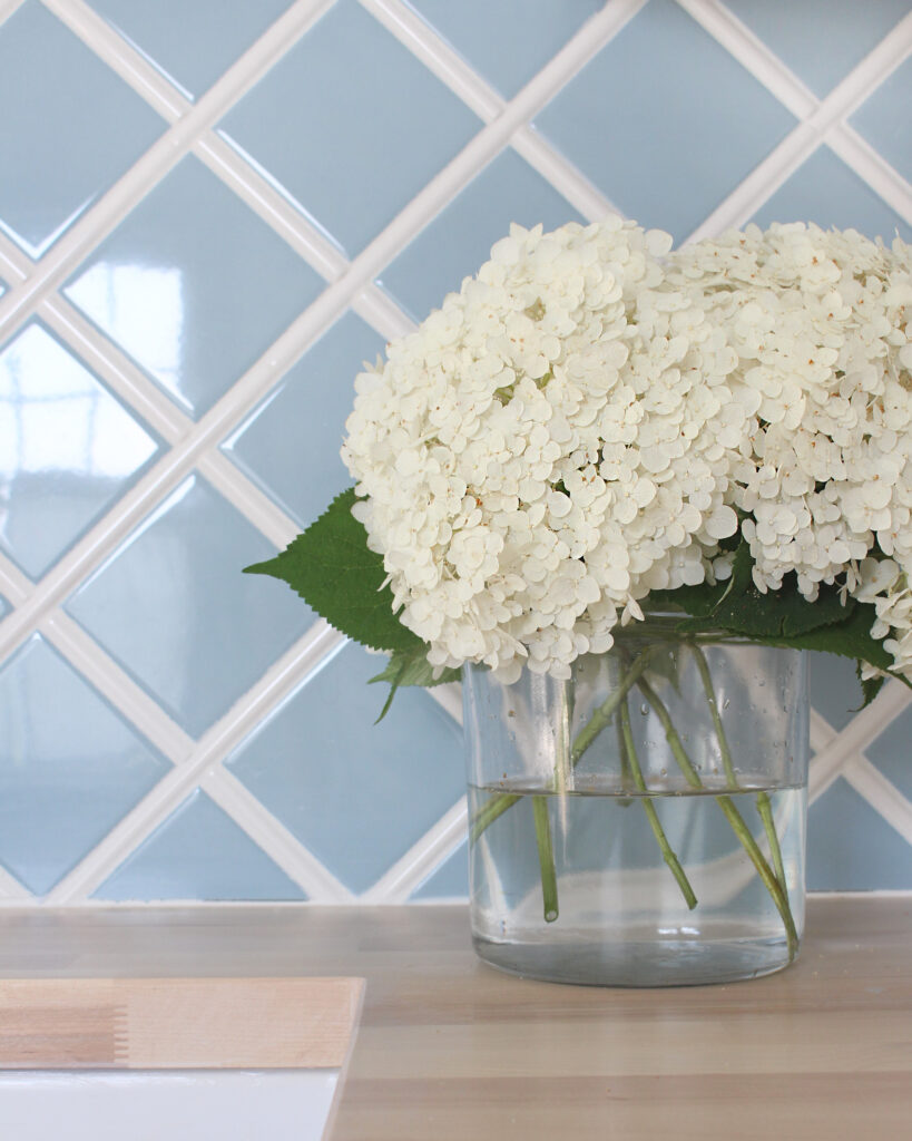 Blue And Whit Backsplash Complimenting Light Wood Counters