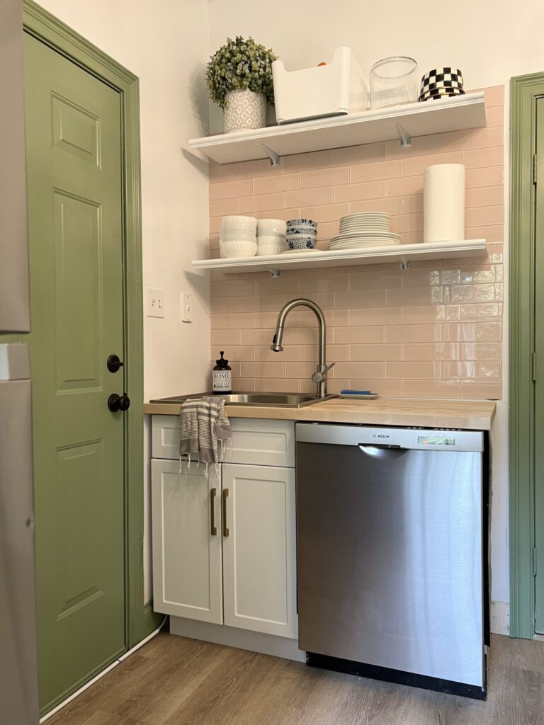 Garden Room Kitchenette With Green And Pink Accents