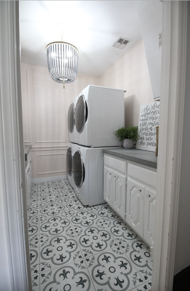 Laundry Room With Concrete Countertops And Fun Floor Tile